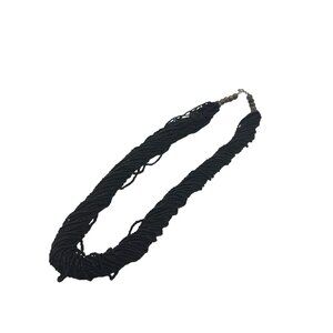 Vintage Black Seed Bead Multi-Strand Necklace With Silver-Tone Accents & Hook Cl